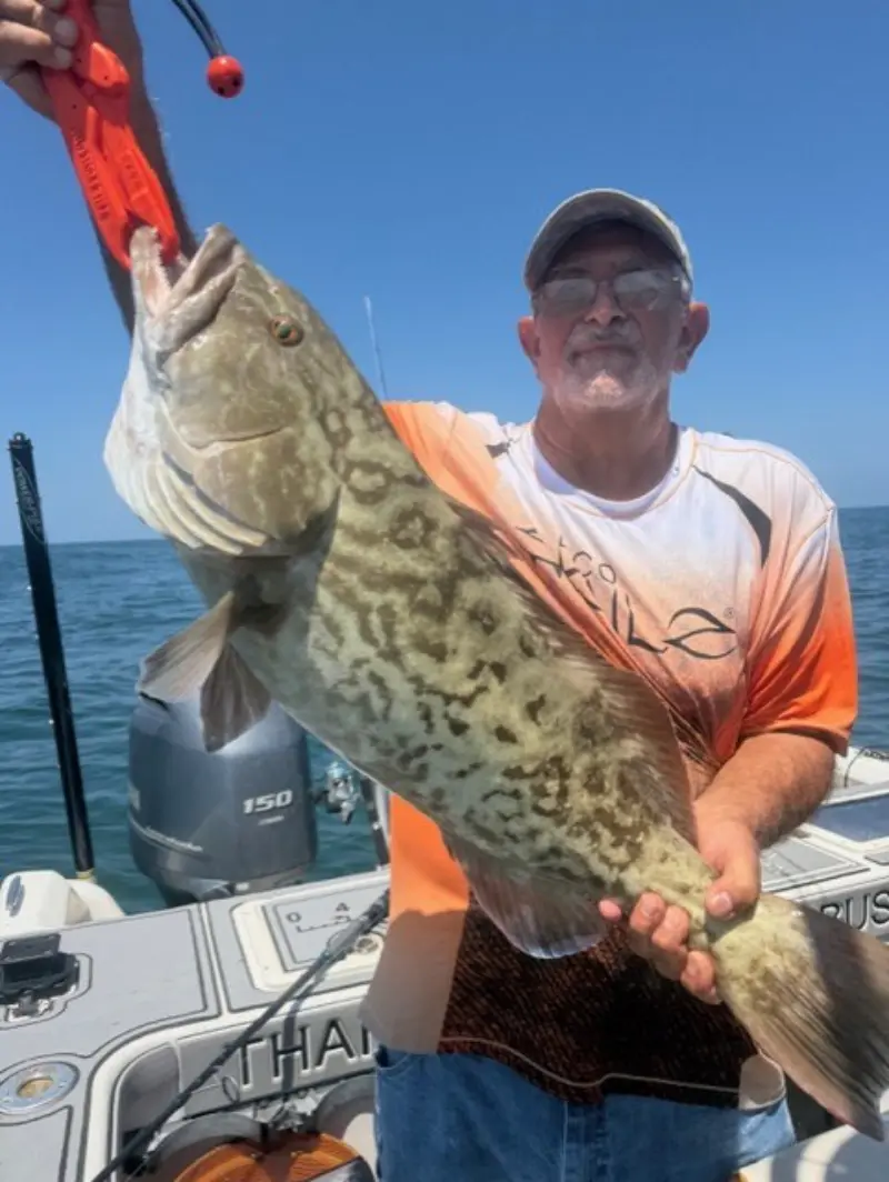 Angler holding a large gag grouper on a lip gripper next to the outboard on a Native Charters boat